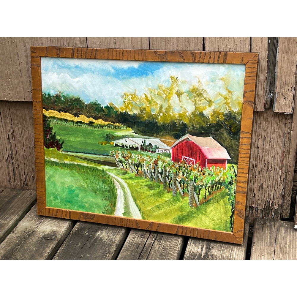 Original Signed Farm Landscape Painting Framed Canvas Red Barn Textured Wall Art